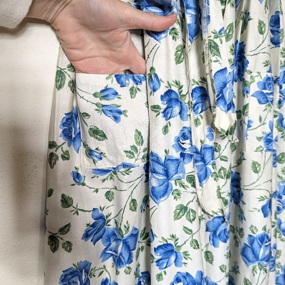 SOLD Vintage 50s Handmade Blue Floral Print Midi Maxi Wrap Dress Short Sleeve - Picture 5 of 16